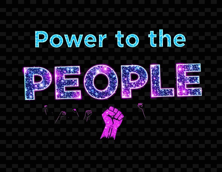 PSD poder reluciente para la gente texto en neón azul helado y magenta audaz con una multitud reluciente a