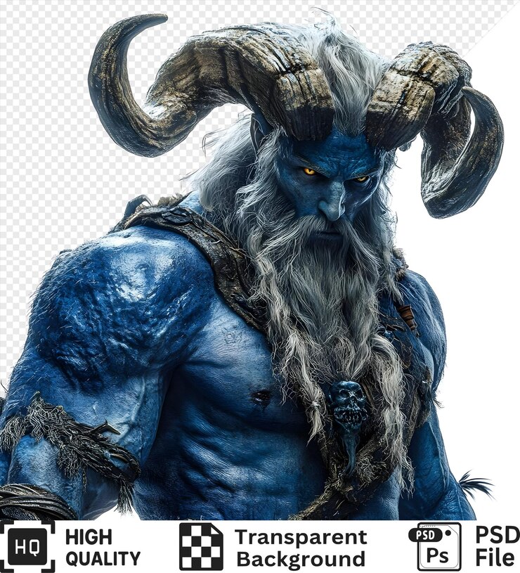PSD un poderoso demonio de piel azul con cuernos y una larga barba blanca se encuentra contra un fondo transparente en 3d con músculos muy detallados