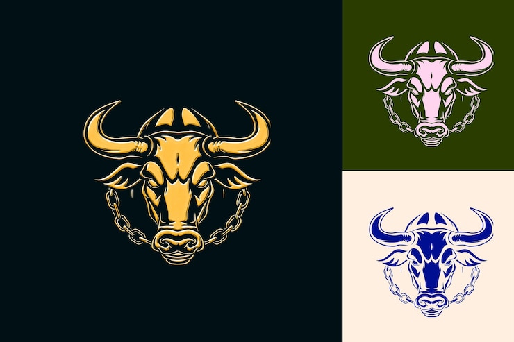 PSD poderoso logotipo de mascote de touro com anel e cadeia projetado com designs vetoriais abstratos bonitos
