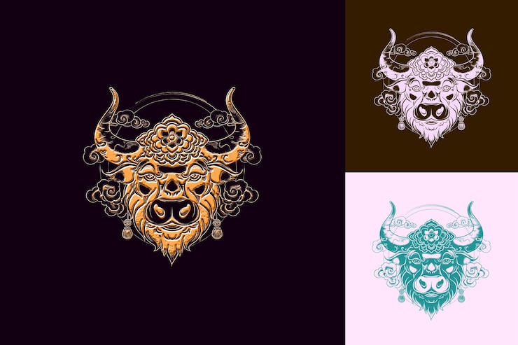 PSD poderoso logotipo de mascota de animal buey con decoración de año nuevo chino diseños vectoriales abstractos lindos