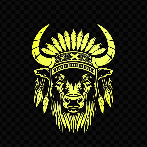 El poderoso logotipo de la mascota del animal búfalo con el chi nativo americano psd vector tshirt tattoo ink art
