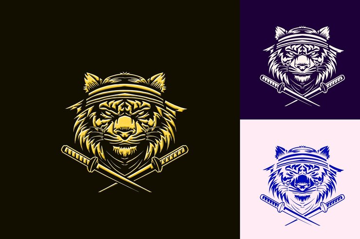 PSD poderoso logotipo de mascota de animal tigre con banda para la cabeza de artes marciales diseños vectoriales abstractos y lindos