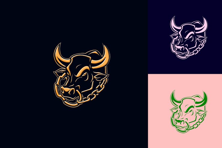 PSD poderoso logotipo de mascota de toro con un anillo y una cadena diseñados con dibujos vectoriales abstractos y lindos