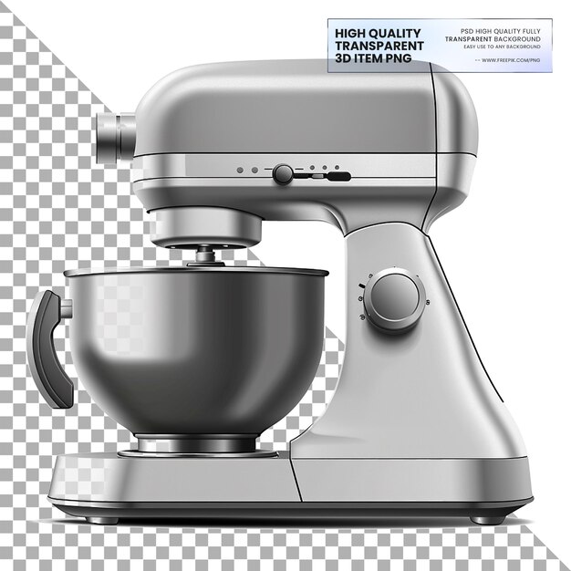 Poderoso mezclador de soporte con cuenco de acero inoxidable sobre un fondo transparente