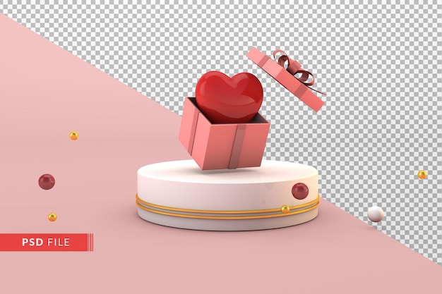 podio 3d con caja de regalo y corazón rojo