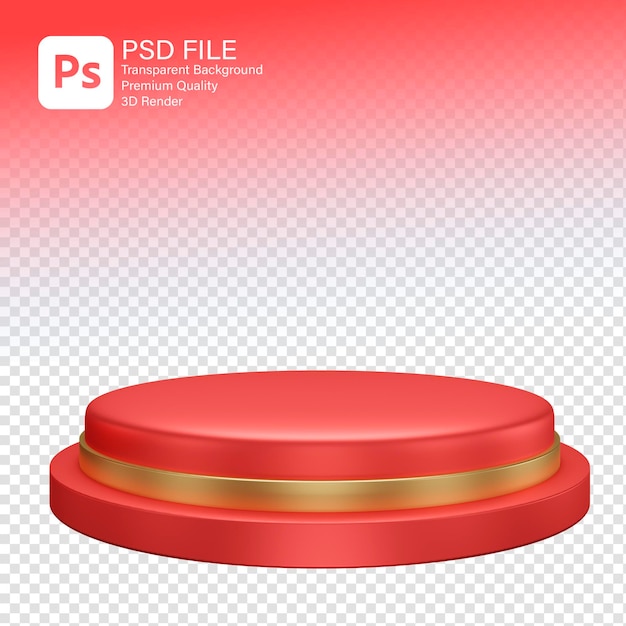 Podio 3D con catálogo de productos de color rojo y dorado.