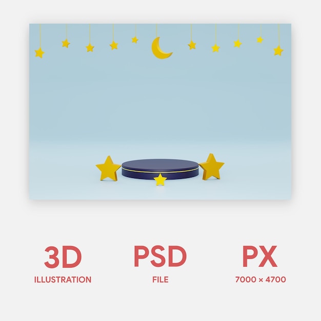 PSD pódio 3d no fundo islâmico azul do ramadã com estrelas e ilustração 3d de cor de ouro crescente