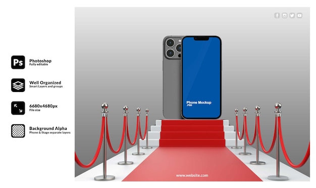 Podio de alfombra roja real renderizado realista en 3d para maqueta de teléfono Premium Psd