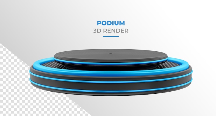 PSD podio azul con negro en render 3d realista con fondo transparente