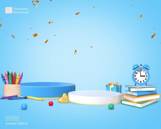 Podio azul de representación 3D con iconos de regreso a la escuela para la colocación de productos