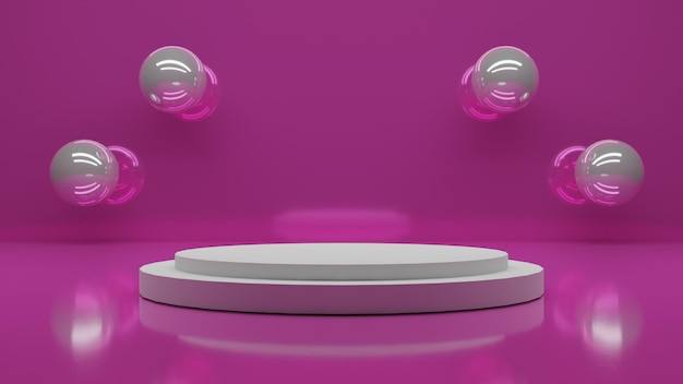 Podio bianco moderno con palline su sfondo rosa
