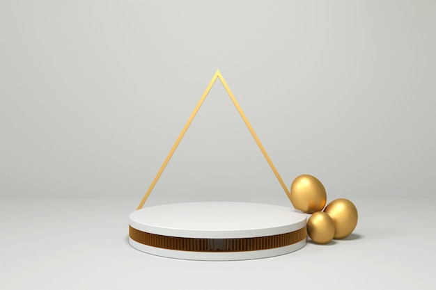 PSD podio blanco con huevos de oro para la colocación de productos 3d render