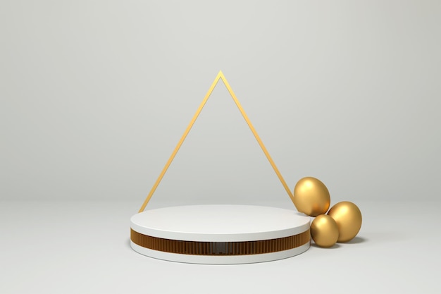 Podio blanco con huevos de oro para la colocación de productos 3D render