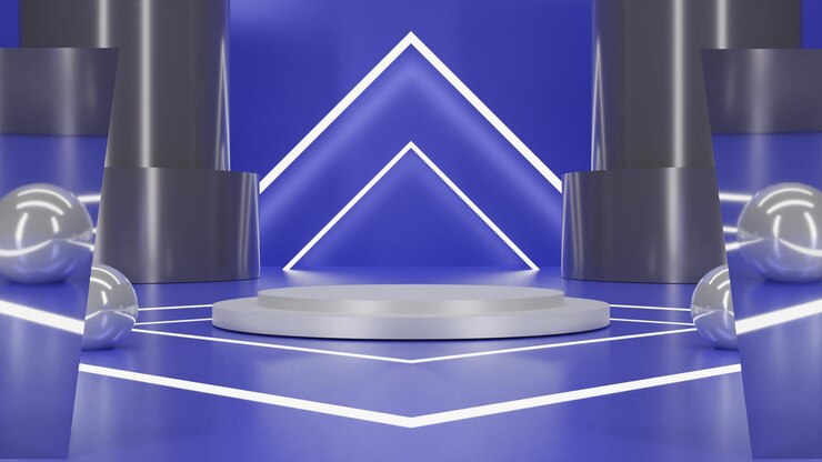 PSD podio blanco metálico de representación 3d sobre fondo azul
