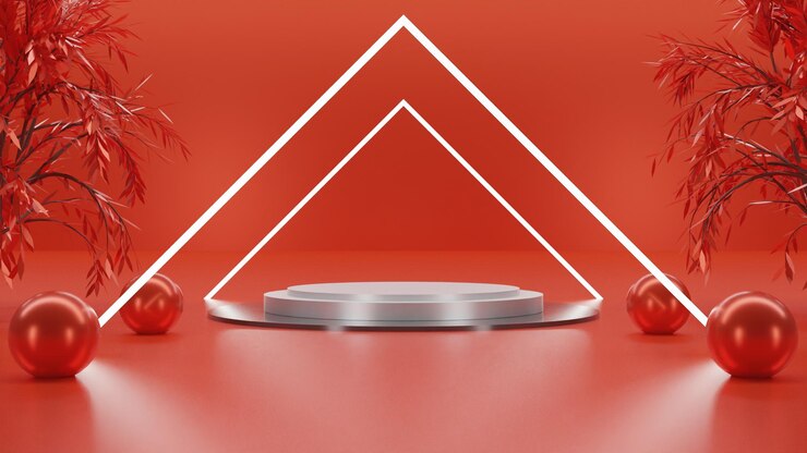 PSD podio blanco de renderizado 3d metálico moderno con fondo rojo