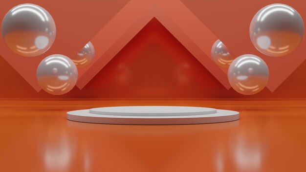 Podio blanco de renderizado 3D moderno con bolas sobre fondo naranja