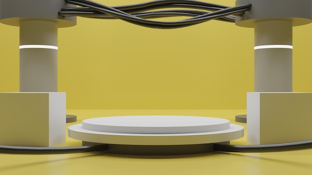 Podio blanco de renderizado 3d moderno con cables sobre fondo amarillo