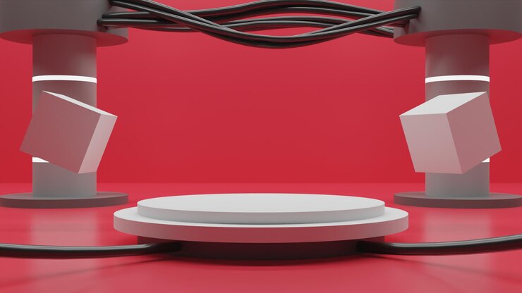 PSD podio blanco de renderizado 3d moderno con cables sobre fondo rojo