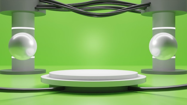 Podio blanco de renderizado 3d moderno con cables sobre fondo verde