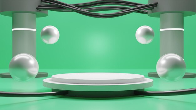 Podio blanco de renderizado 3d moderno con cables sobre fondo verde