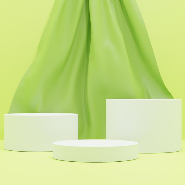 Podio blanco de renderizado 3D moderno con fondo de cortina verde