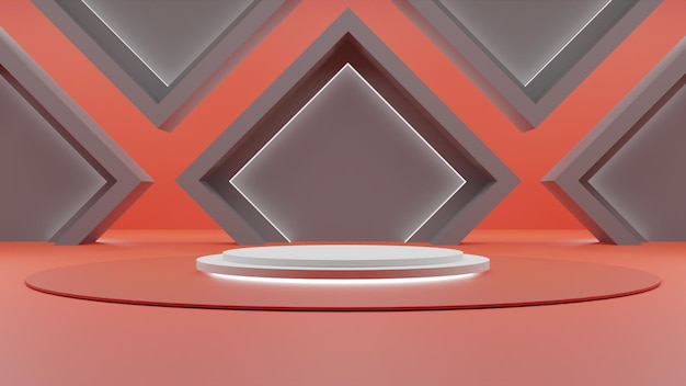 Podio blanco de renderizado 3d moderno con fondo de geometría roja