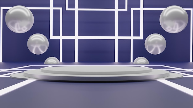 Podio blanco de renderizado 3d moderno con luz sobre fondo azul con bolas