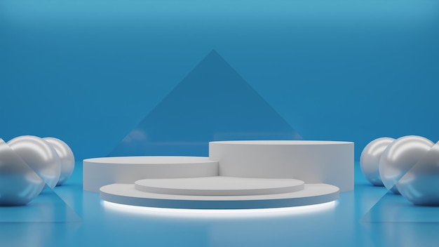 Podio blanco de renderizado 3D moderno sobre fondo azul