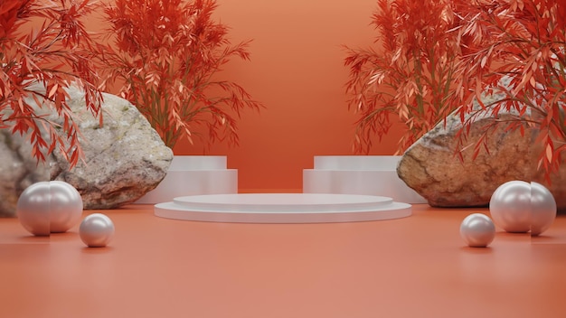 Podio blanco de renderizado 3d moderno sobre fondo rojo. representación superior