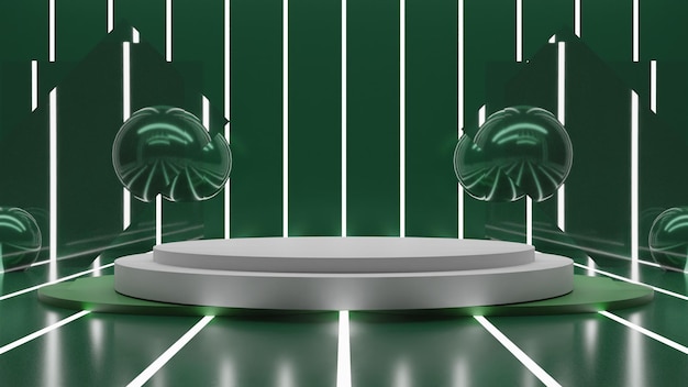 Podio blanco de renderizado 3D moderno sobre fondo verde metálico