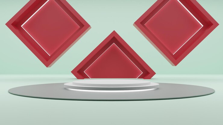 PSD pódio branco de renderização 3d moderno com fundo de geometria vermelha