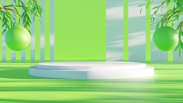 Pódio branco de renderização 3D moderno com fundo verde e sombra