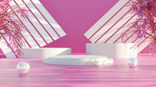 PSD pódio branco de renderização 3d realista com fundo rosa