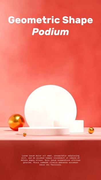 Podio de cilindro blanco en pared roja vertical y maqueta de plantilla de representación de imagen 3d de esfera dorada