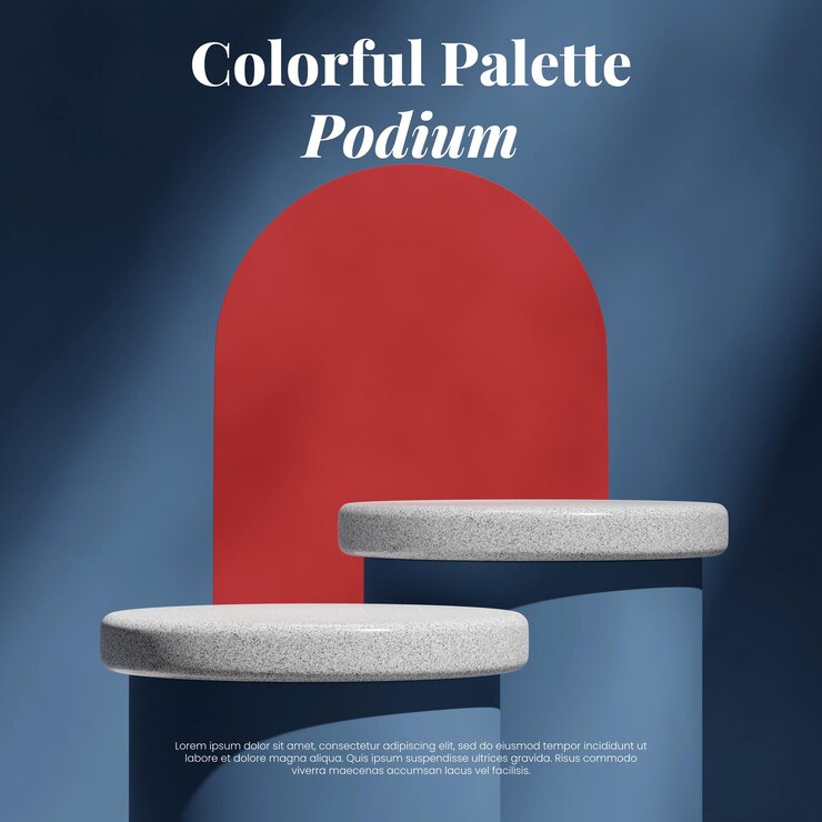 PSD podio de cilindro de granito blanco en arco rojo cuadrado y pared azul plantilla de maqueta de imagen de renderizado 3d