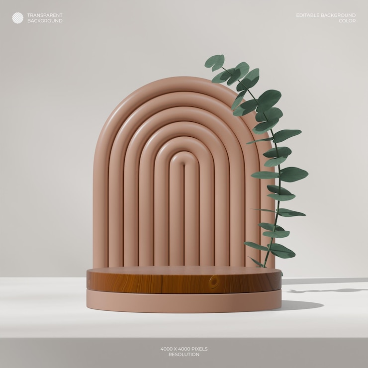 PSD podio de cilindro de madera en arco cuadrado y hoja de eucalipto imagen 3d renderizado de fondo transparente