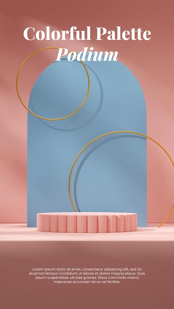 Podio de cilindro rosa en retrato con arco azul y anillo de oro escena de maqueta de representación 3d