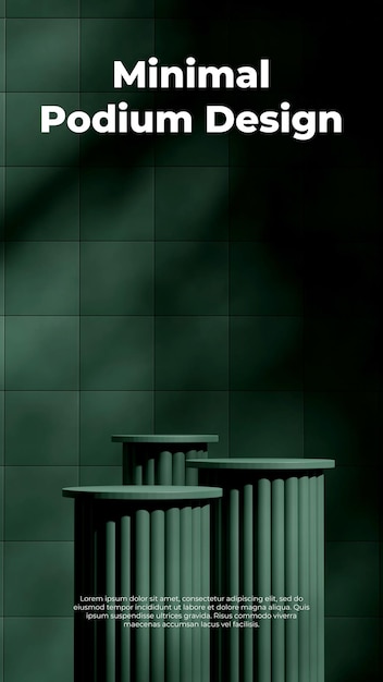 podio de cilindro verde oscuro en retrato de pared de patrón cuadrado que representa maqueta en blanco 3d