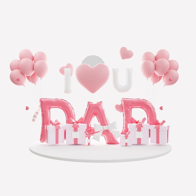 podio con decorazione a palloncino rosa e concetto di confezione regalo per la festa del papà e rendering 3d del testo a palloncino