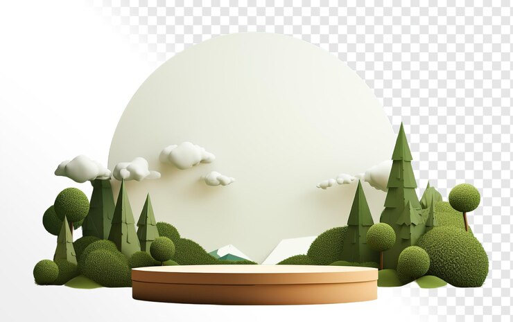 PSD podio con forme geometriche e sfondo naturale