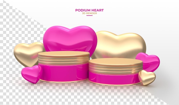 Podio corazón 3d render oro y rosa fondo transparente realista