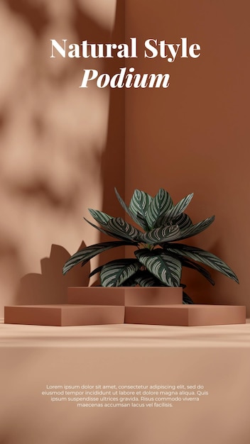 Pódio de bloco marrom de cena de maquete em retrato com planta de casa calathea de listra rosa