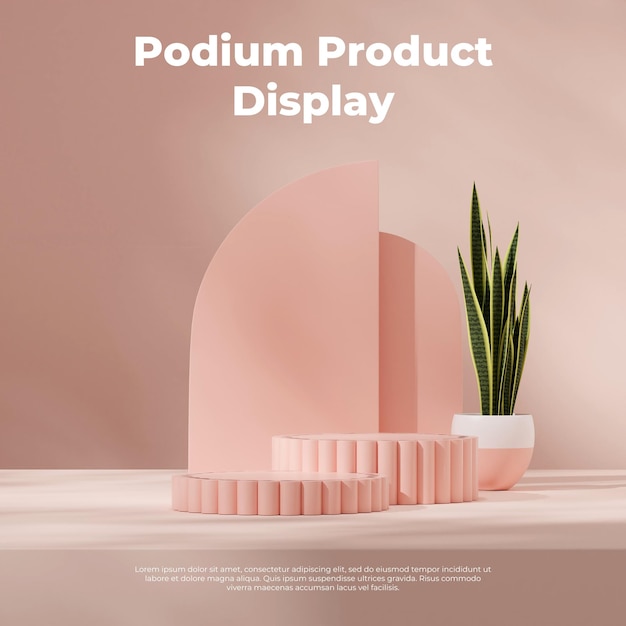 pódio de cilindro curvo de cor rosa em pote quadrado e meia arco imagem 3D render em branco