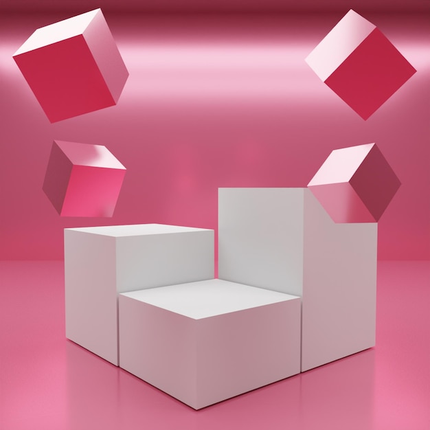 Pódio de cubo branco de renderização 3d em fundo vermelho