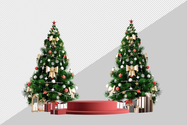 Pódio de exibição de produto branco na árvore de Natal na renderização 3D da sala de estar