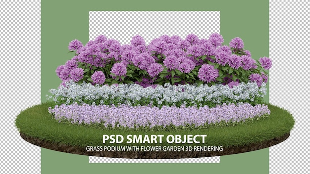 Pódio de grama realista com renderização 3d de jardim de flores de objetos isolados