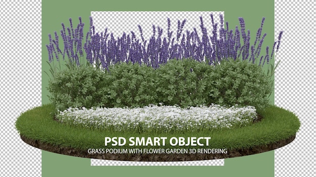 Pódio de grama realista com renderização 3d de jardim de flores de objetos isolados