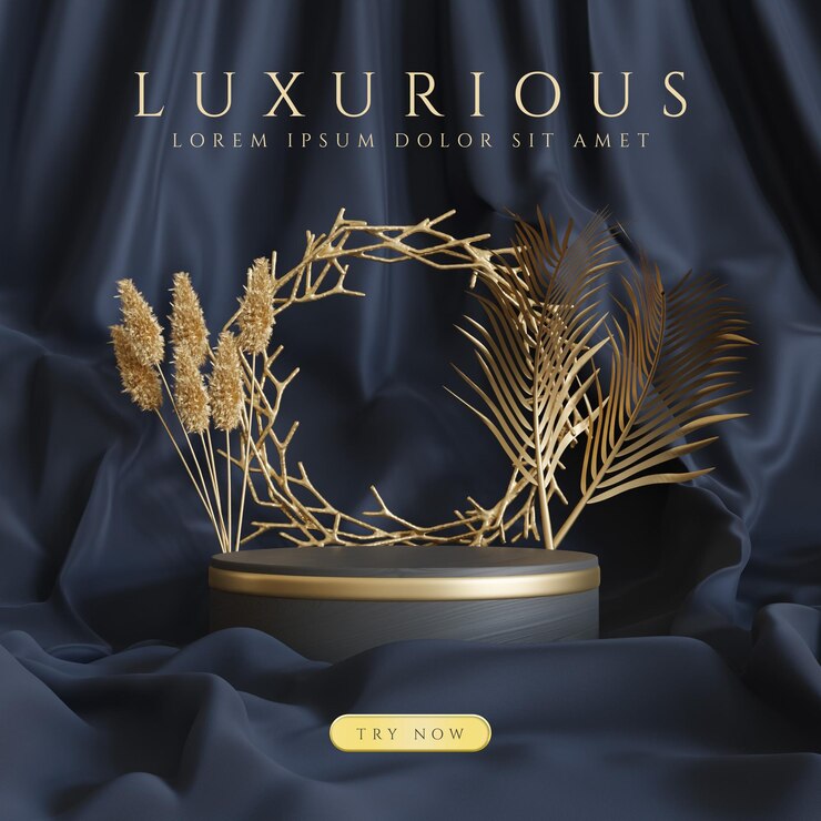 PSD pódio de madeira e ouro com elemento de planta de ouro em procura de luxo premium para apresentação do produto