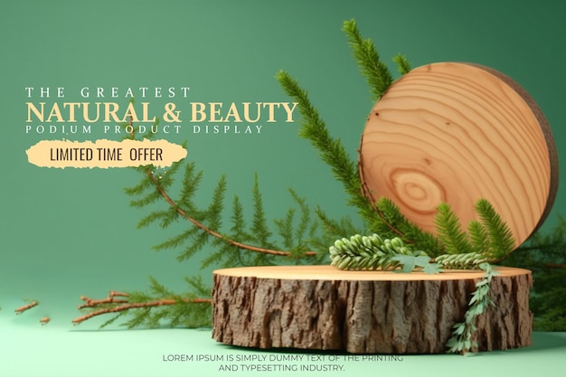 PSD pódio de madeira elegante e natural com um ramo de lariço sobre um fundo verde para mostrar o produto