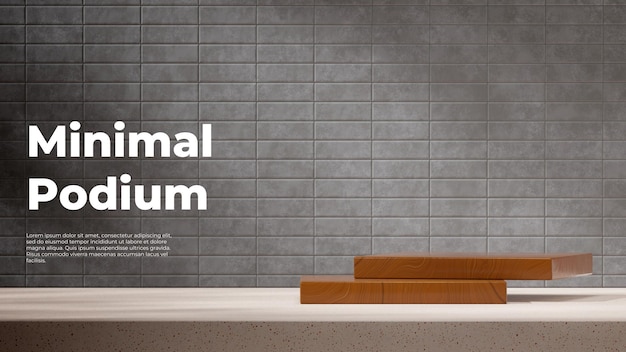 PSD pódio de madeira rectangular castanho vazio em parede de concreto de paisagem e piso de terraço renderização 3d